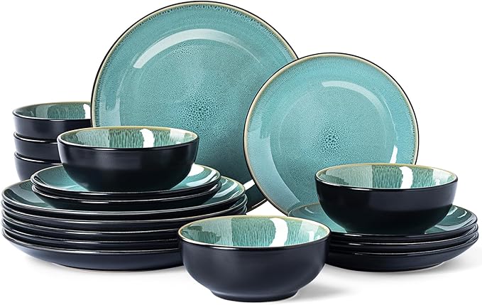 Plates and Bowls Sets for 6 - CJDC-QUELO 18-Piece Stoneware Dinnerware Sets, Ceramic Dishware Set for Indoor Kitchen Use and Formal Dining, Chip and Scratch Resistant Microwave Dishwasher Safe, Green