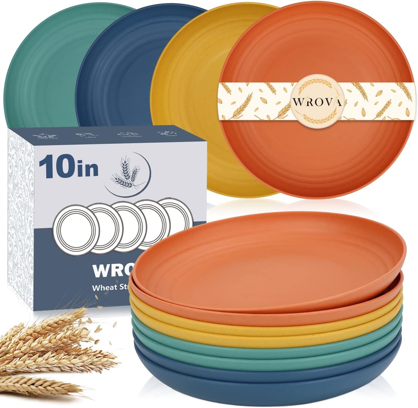 Wrova Wheat Straw Plates - 10 Inch Unbreakable Dinner Plates Set of 8 - Dishwasher & Microwave Safe Plastic Plates Reusable - Lightweight Plates for kitchen,camping (Colorful Series)