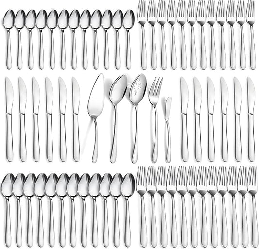 Pleafind 65-Pieces Silverware Set for 12 with 5 Serving Utensils,Stainless Steel Cutlery Set, Include Forks Spoons and Knives Set, Mirror Polished Utensil Sets for Home Restaurant,Dishwasher Safe