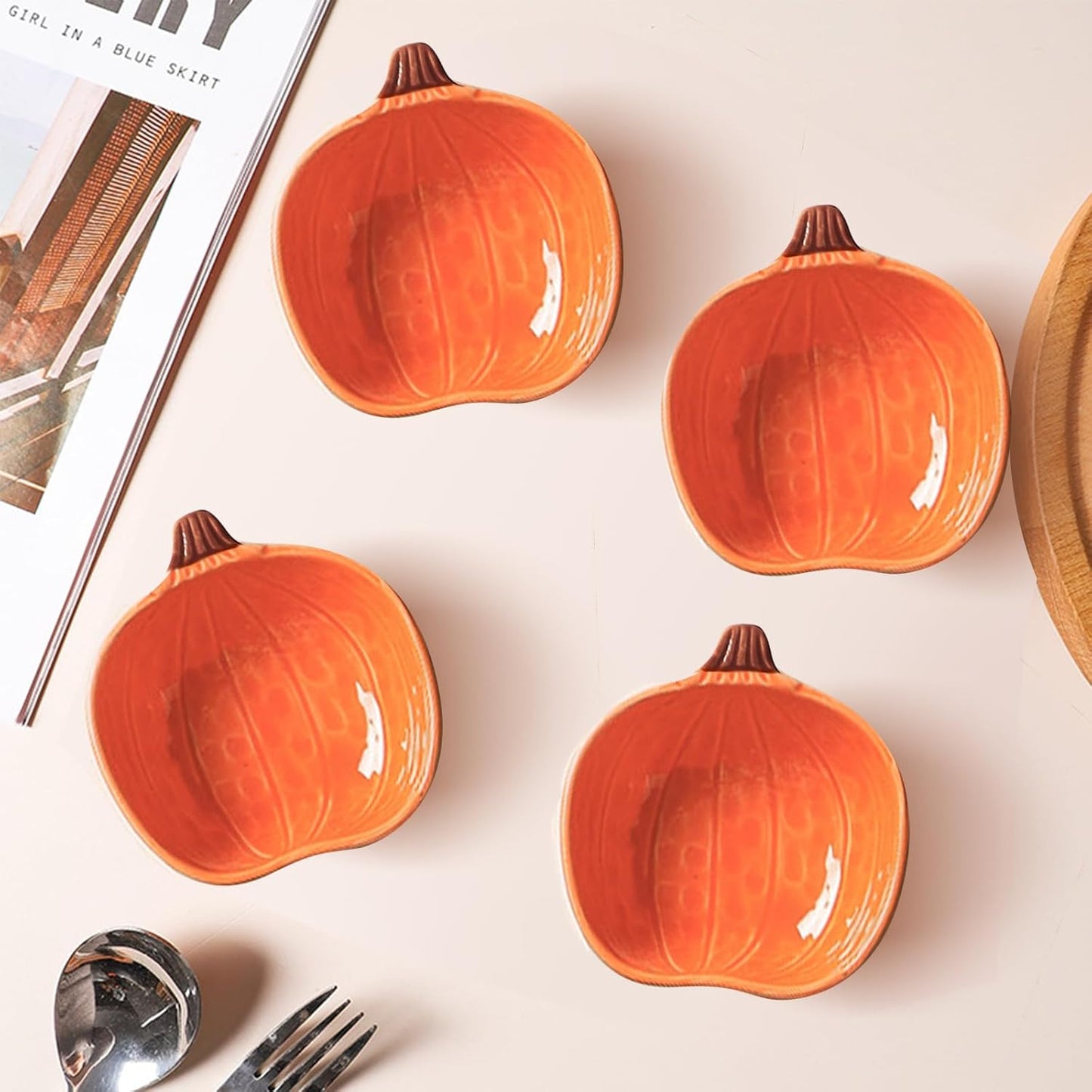 Pumpkin Ramekins Small Ceramic Pumpkins Bowls for Baking 6 Oz Oven Safe Mini Pumpkin Dish for Serving Dip and Sauce, 4pcs