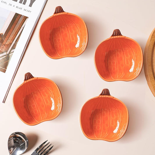Pumpkin Ramekins Small Ceramic Pumpkins Bowls for Baking 6 Oz Oven Safe Mini Pumpkin Dish for Serving Dip and Sauce, 4pcs