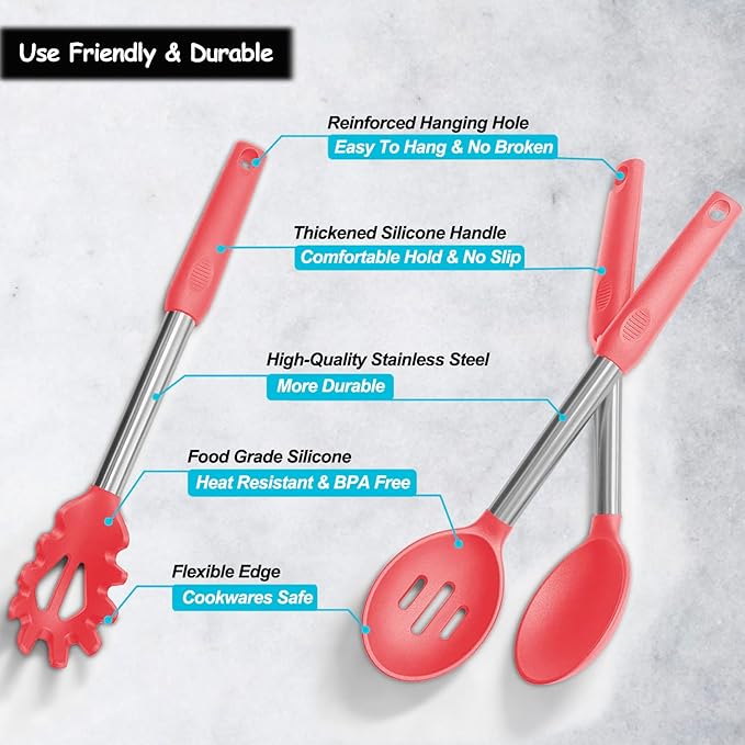 Silicone Spatula and Cooking Spoon,5 Pack Non-Stick Cooking Utensils for Kitchen，Heat Resistant Solid & Slotted Spoons and Spatulas, Stainless Steel Handle Coated with Silicone,Red