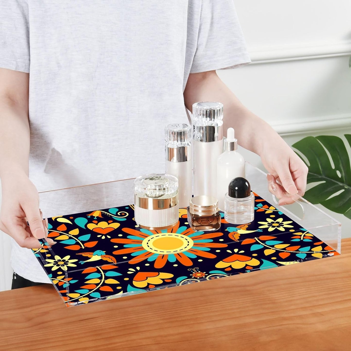 Acrylic Serving Tray with Handles Spill Proof Kitchen Storage Tray Clear Decorative Tray Makeup Drawer Organizer Storage Tray for Bathroom Living Room Ottoman 15.7x11.8Inches