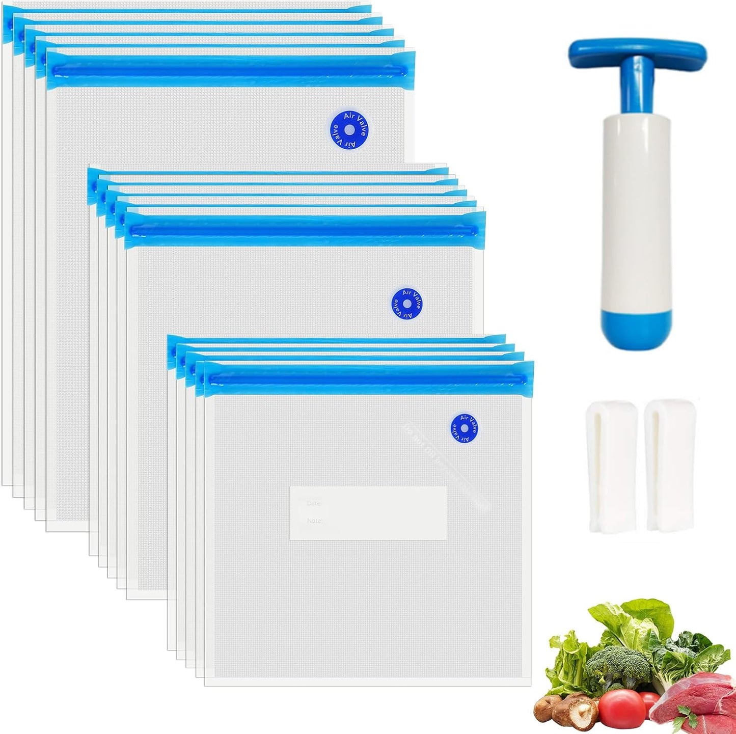 O2frepak 15 Pack Reusable Sous Vide Bags,BPA-Free Vacuum Seal Bags of 3 Sizes with Pump and 2 Seal Clips for Sous Vide Cooking and Food Storage