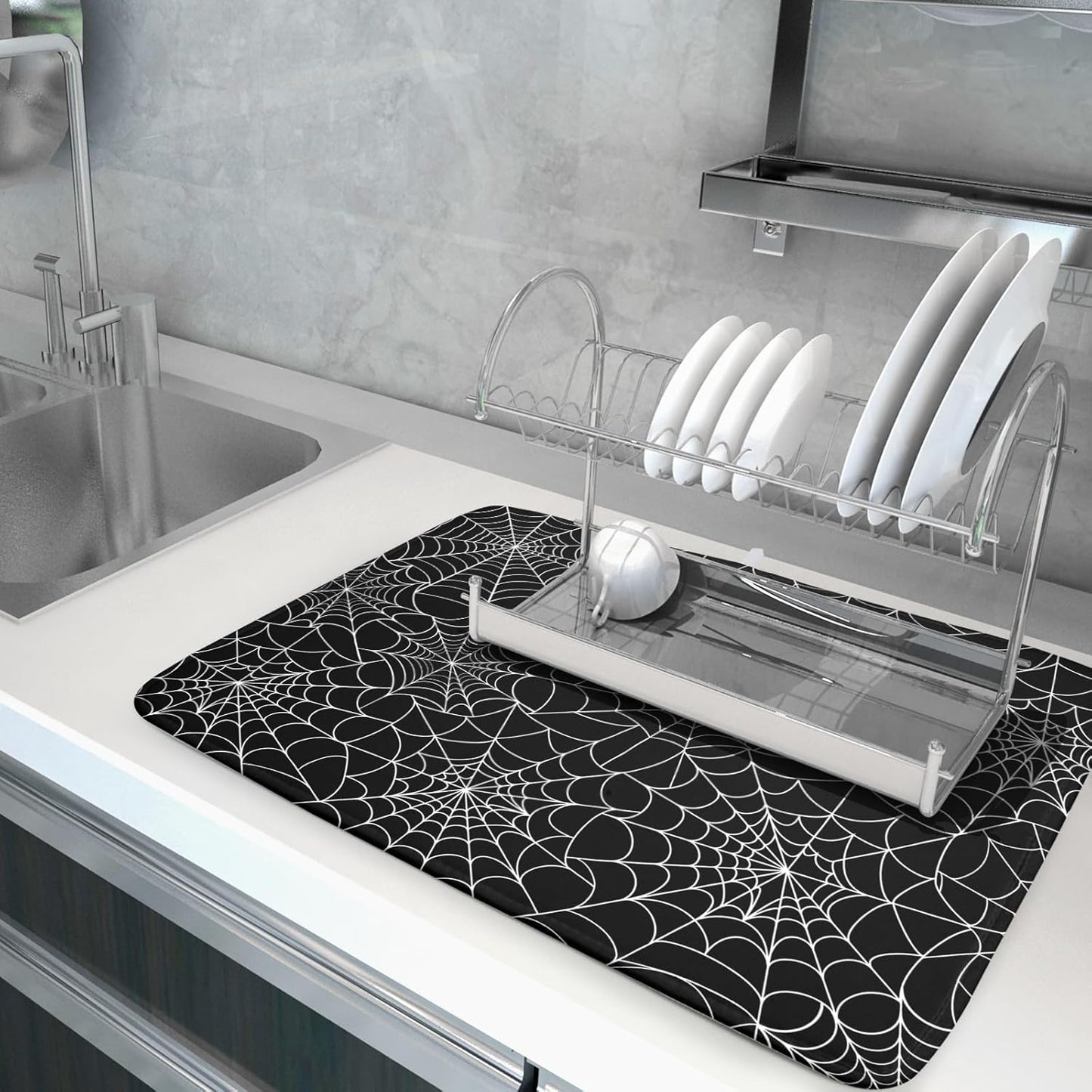 Halloween Drying Mats for Kitchen Counter 18×24 Inch Halloween Spiderweb Spooky Festival Large Microfiber Drying Mat for Dishes Kitchen Decor Accessories Dish Rack Mat Drainer Pad Washable Absorbent