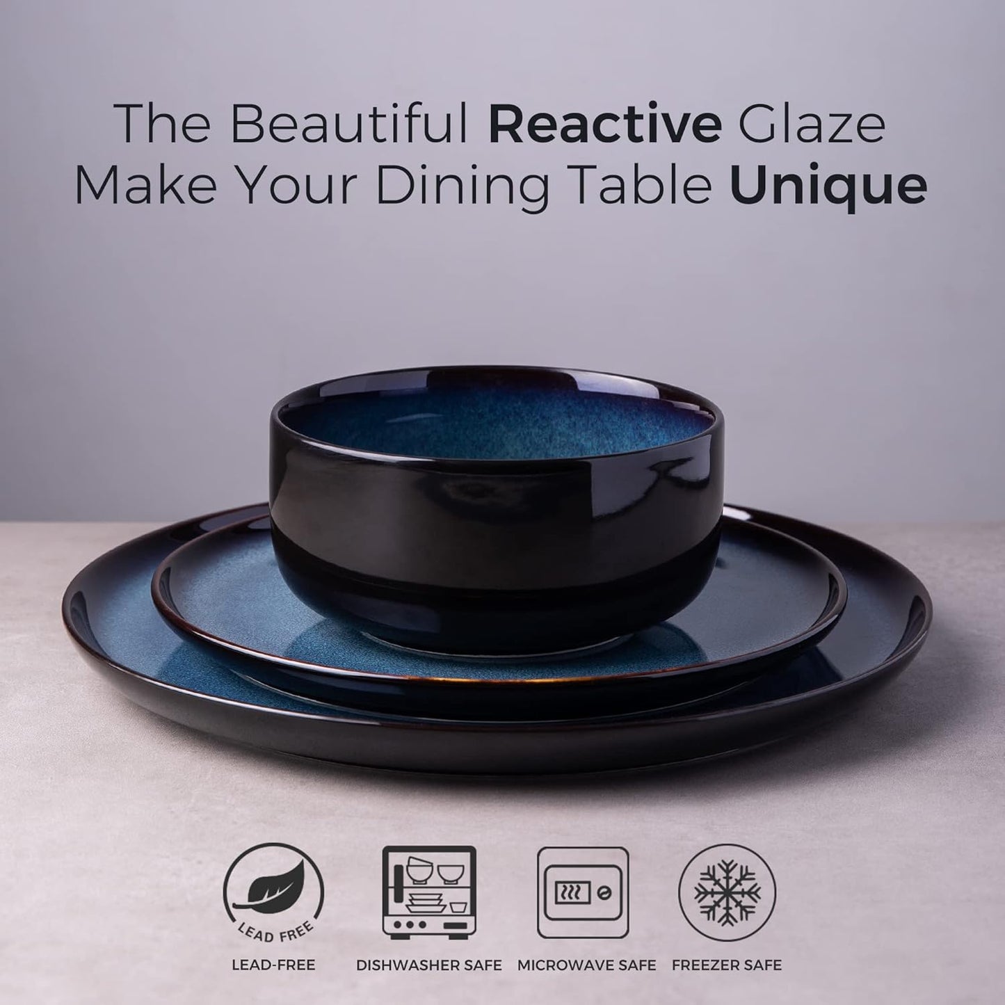 LERATIO Ceramic Plate Set of 6,8.5 Inch Reactive Glaze Light Weight Porcelain Salad Plates,Modern Shape Dinnerware Dishes Set for Kitchen,Microwave&Dishwasher&Oven Safe,Resistant-Indigo Blue