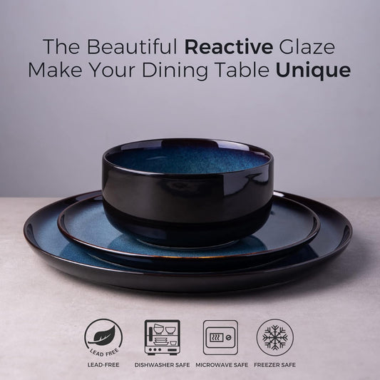 LERATIO Ceramic Plate Set of 6,8.5 Inch Reactive Glaze Light Weight Porcelain Salad Plates,Modern Shape Dinnerware Dishes Set for Kitchen,Microwave&Dishwasher&Oven Safe,Resistant-Indigo Blue