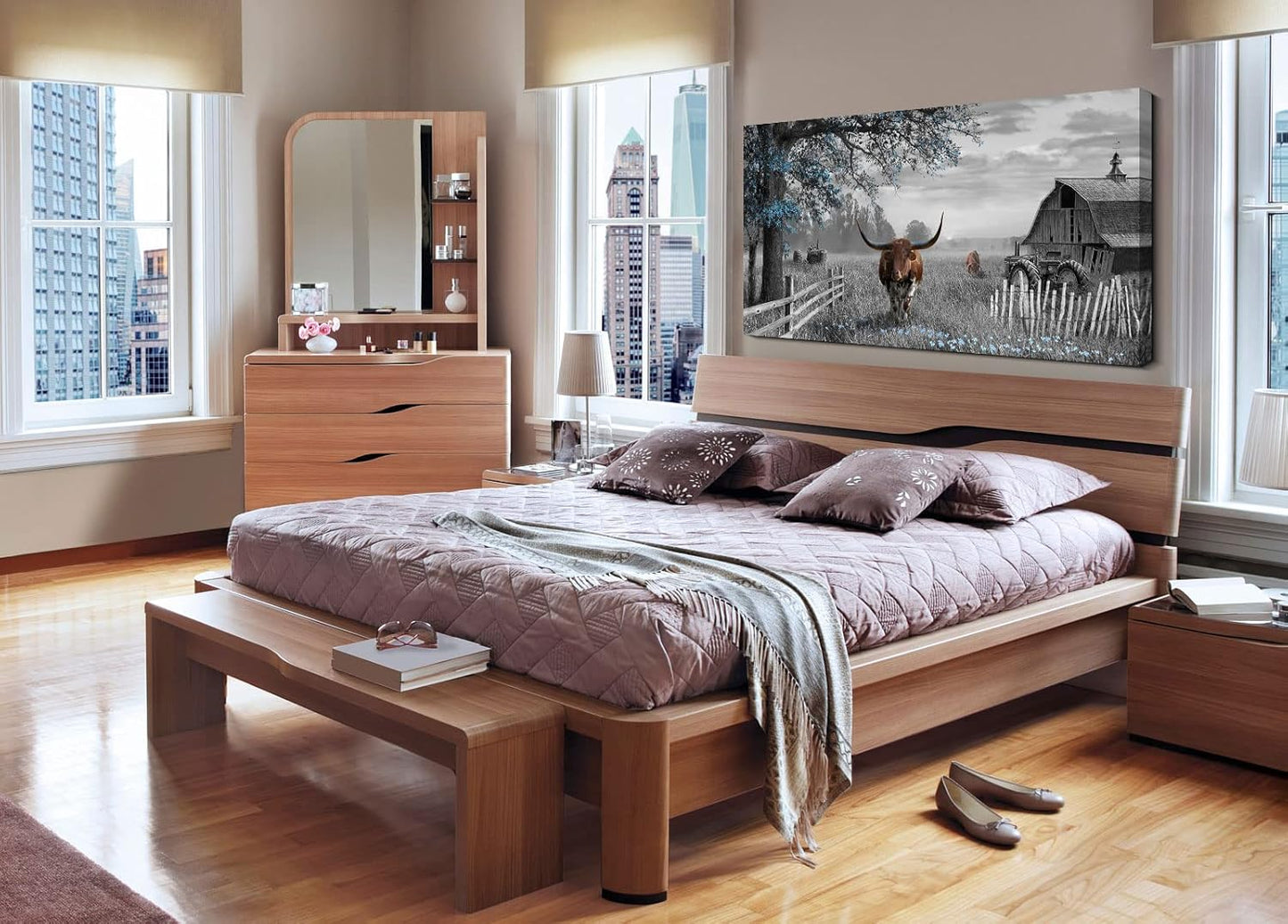 yiijeah Large Country Brown Cow Blue Tree Pictures Farmhouse for Living Room Rustic Wall Decor for Master Bedroom Wall Decor Above Bed Wall Art