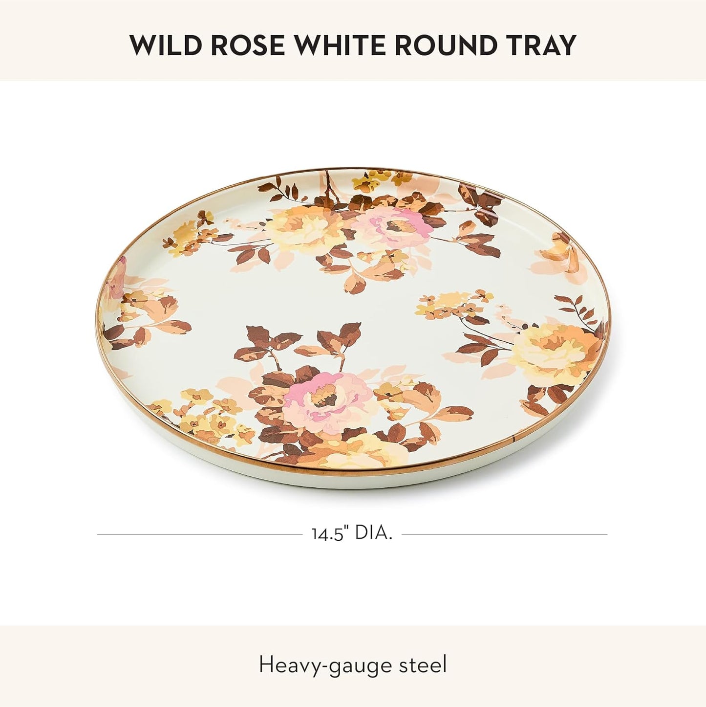 MACKENZIE-CHILDS Enamel Round Tray, Unique Serving Platter for Food and Drinks, Wild Rose White