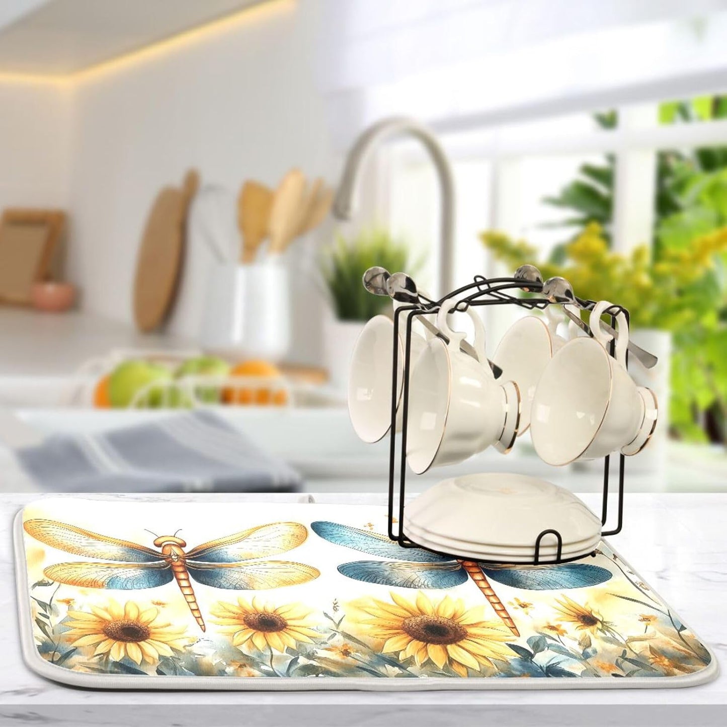 Watercolor Dragonflies Sunflowers Dish Drying Mat for Kitchen Counter Super Absorbent Dishes Pad Reversible Microfiber Protector Dish Draining Mats 16x18 inch