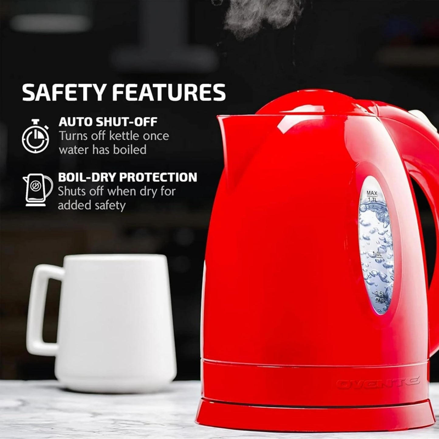 OVENTE Electric Kettle, 1.7L Fast Boiling Water Heater for Coffee or Tea, BPA Free with Water Level Gauge, Auto Shut-Off, Boil-Dry Protection, Indicator Light and Removable Filter, Red KP72R