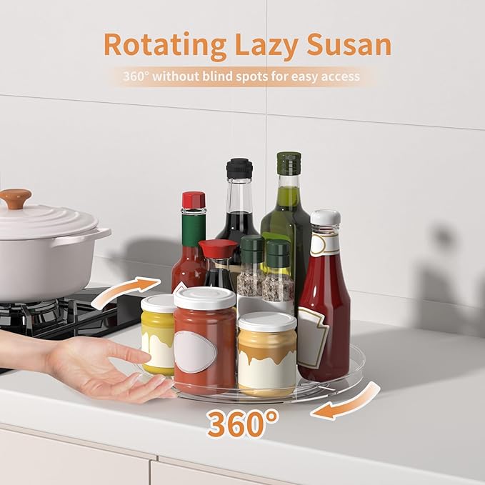 2 Pack Lazy Susan Organizer, Turntable Clear 9 Inch Rotating Organizer Tray for Cabinet Table Top, Round Non-Skid Fridge Lazy Susan, Spinning Kitchen Storage for Pantry Bathroom Counter, Spice Rack