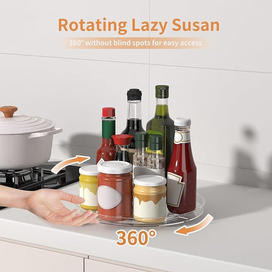 2 Pack Lazy Susan Organizer, Turntable Clear 9 Inch Rotating Organizer Tray for Cabinet Table Top, Round Non-Skid Fridge Lazy Susan, Spinning Kitchen Storage for Pantry Bathroom Counter, Spice Rack