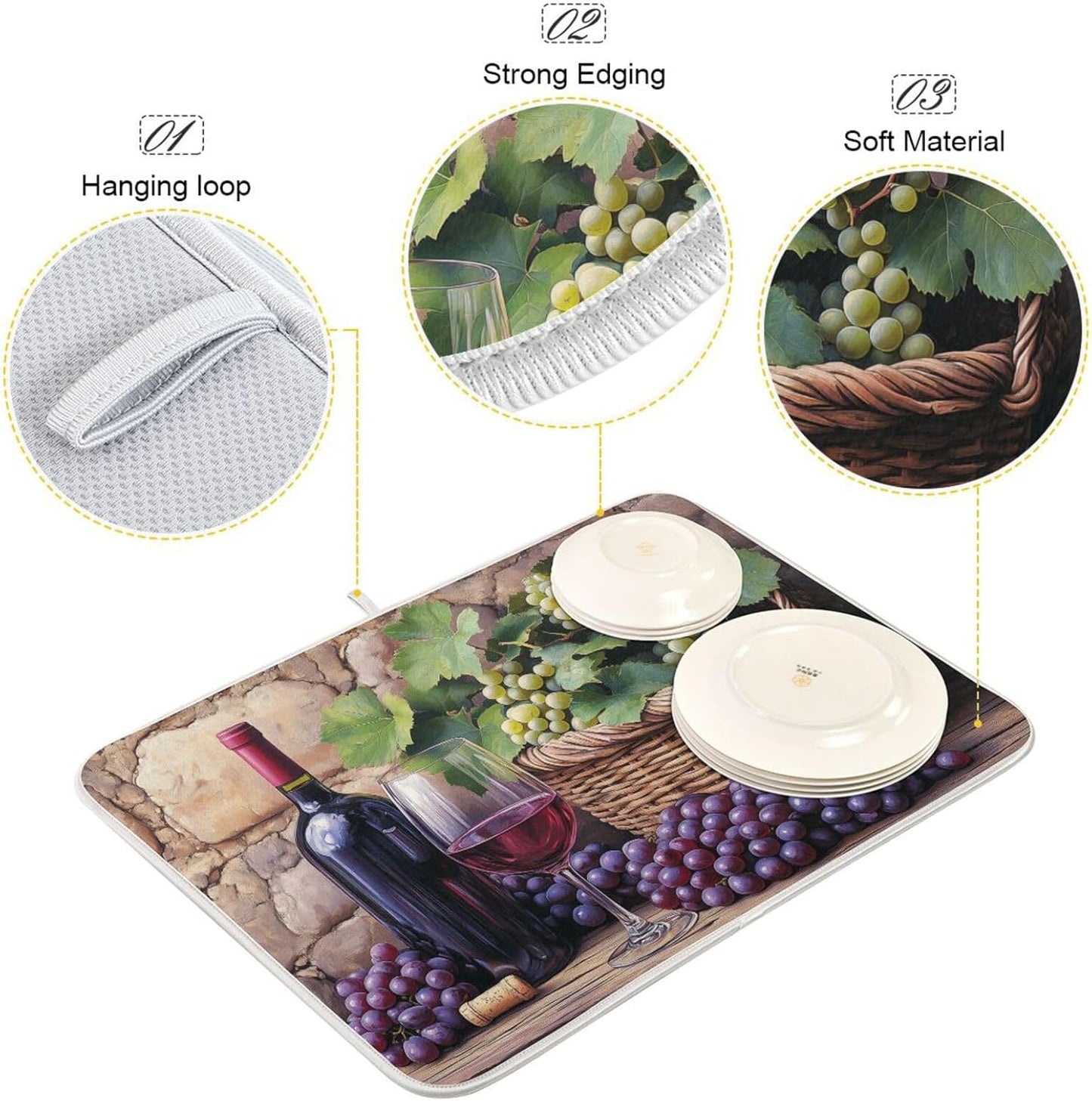 Wine Bottle Wine Glass Grapes Dish Drying Mat for Kitchen Counter Super Absorbent Dishes Pad Reversible Microfiber Protector Dish Draining Mats 16x18 inch