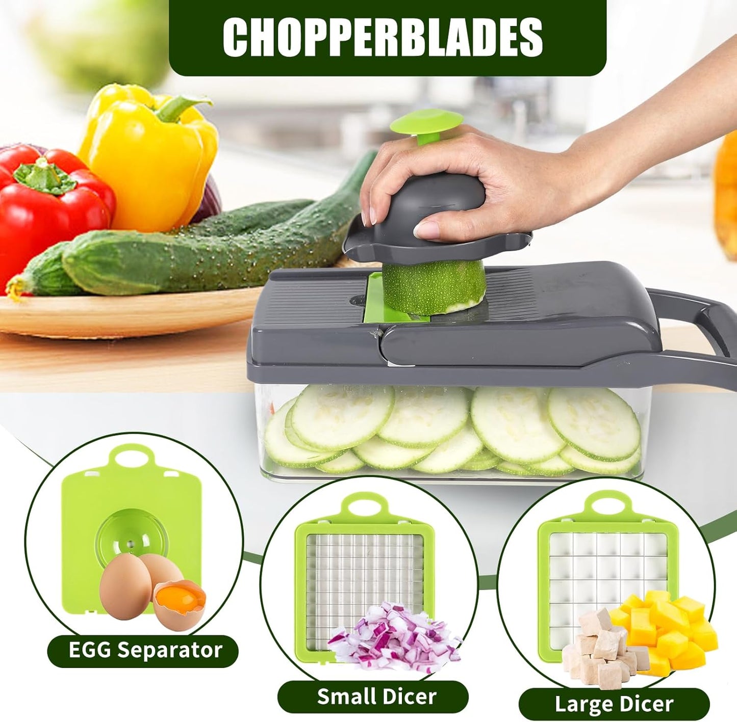 Multifunctional vegetable cutter 26 in 1 vegetable slicer, cucumber slicer, potatoes, tomatoes, zucchini, garlic, eggs, vegetable cutter with container and lid, salad cutter, dicing machine, shredder