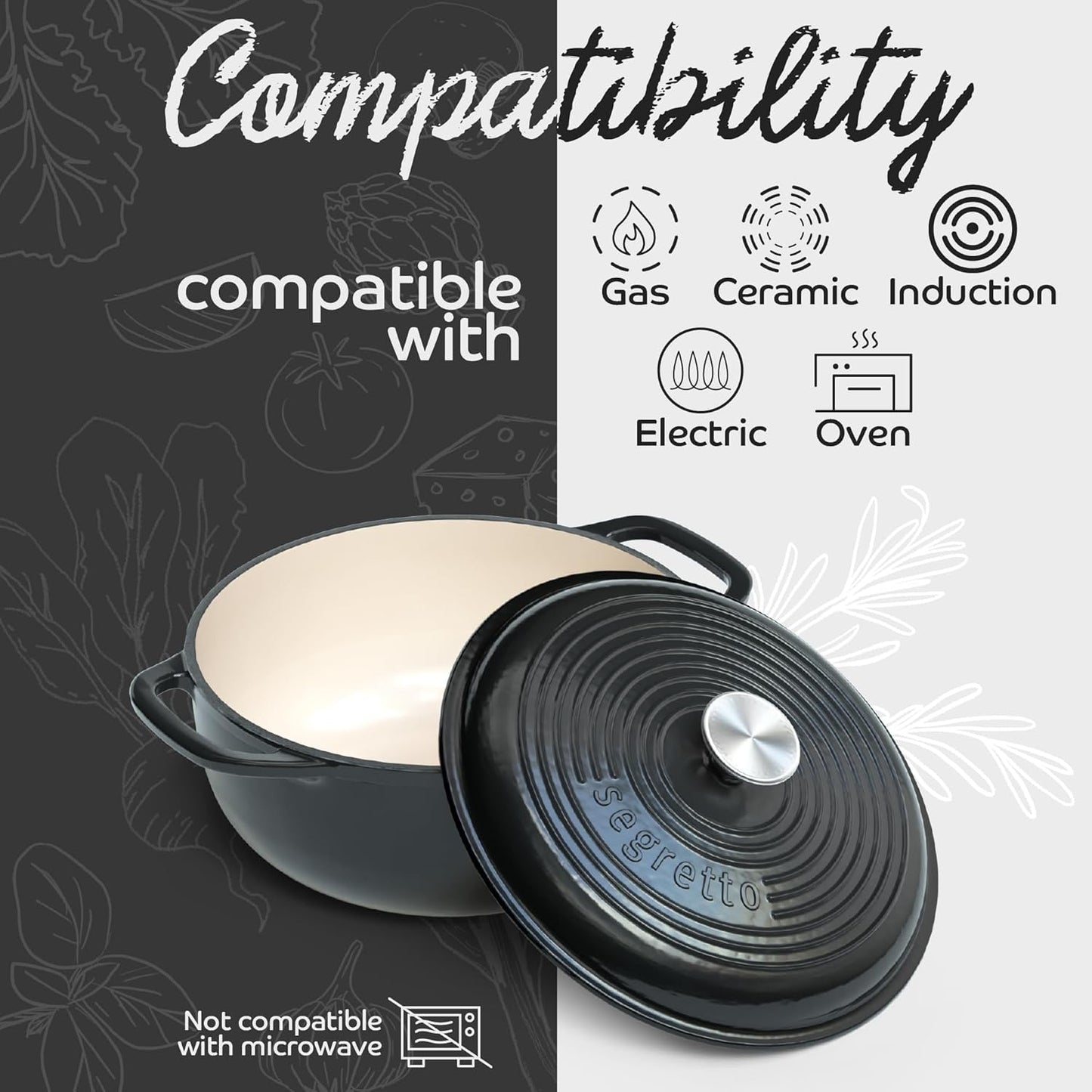 Segretto Cookware Enameled Cast Iron Dutch Oven, 6 Quarts, Black