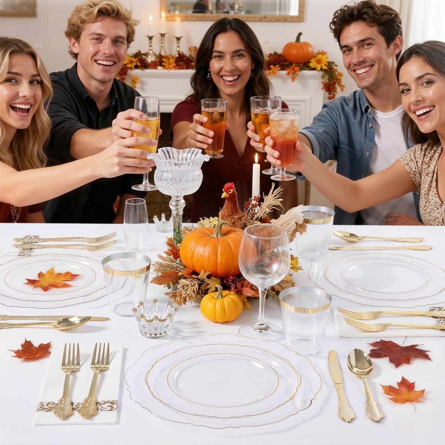 KIRE 210Pcs Clear and Gold Plastic Plates - Heavy Duty Clear Plates with Gold Rim - Disposable Dinnerware Sets of 60 Plastic Plate 90 Silverware 30 Cups 30 Napkins for Wedding/Thanksgiving Parties