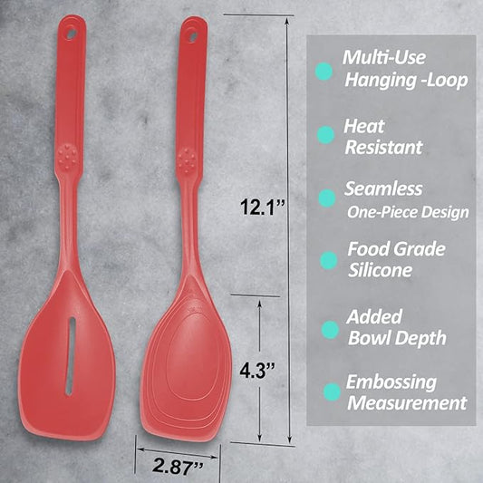 2 Pack Large Silicone Cooking Spoon, Non-Stick Slotted and Solid Spoon set with Deep Bolw and Measurement Mark for Mixing, Serving, Draining, Scooping, Scraping, Heat Resistant Kitchen Utensils, Red