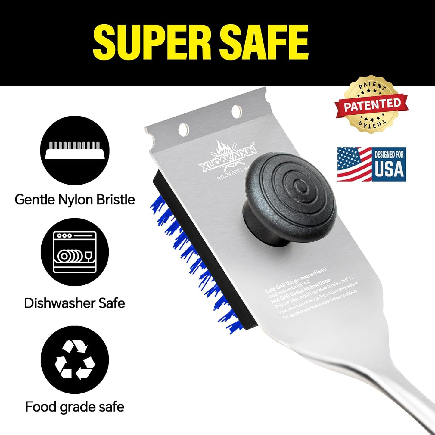 Grill Brush and Scraper, Dual Grip Design,Extra Strong BBQ Cleaner Accessories,Safe Nylon Bristles Barbecue Triple Scrubbers Cleaning Brush for Cast Iron Grates/Porcelain/Charcoal Grill