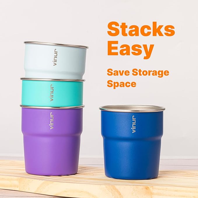 VINUR 8 oz Stainless Steel Cups Tumbler Stackable Metal Drinking Glasses for Travel, Camping, Outdoors, 4 Pack (Baby Blue-Navy-Teal-Purple)