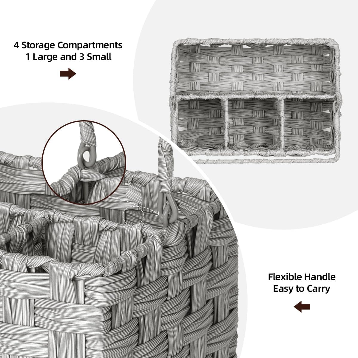 Wicker Flatware Organizer, Plastic Wicker Cutlery Holder, Outdoor Silverware Caddy, Woven Divided Utensil Caddy with Handle, Utensil Holder for Table, Kitchen, Party (Gray)