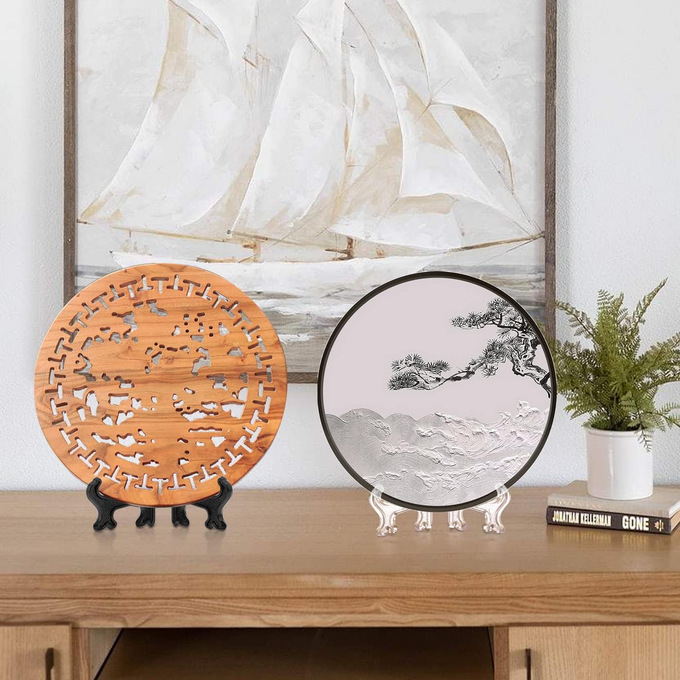 10 Inch Black Plate Display Stand 2pcs Large Acrylic Easel for Wall Sculptures Floor Decor Event Backdrops Restaurant Table Numbers Dark Modern Holder