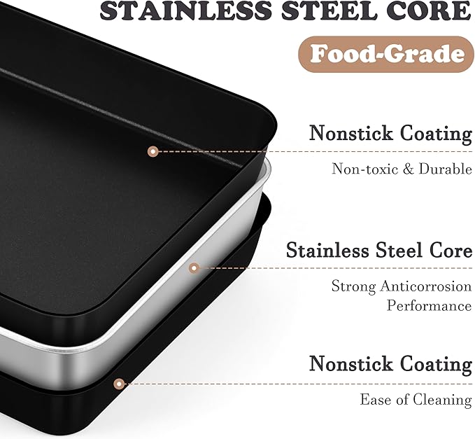 E-far 12.5 x 9.7 Inch Baking Pan Set of 2, Nonstick Stainless Steel Rectangle Cake Pans for Baking Brownies Casseroles Lasagna, Stainless Steel Core & Nonstick Coating, Non-toxic & Oven Safe