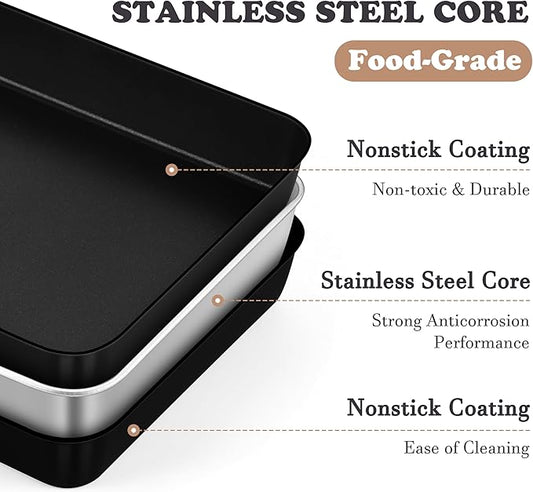 E-far 12.5 x 9.7 Inch Baking Pan Set of 2, Nonstick Stainless Steel Rectangle Cake Pans for Baking Brownies Casseroles Lasagna, Stainless Steel Core & Nonstick Coating, Non-toxic & Oven Safe