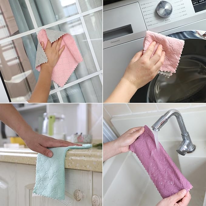 12-Pack Premium Coral Fleece Microfiber Cleaning Cloths, 10"x10" - Streak-Free & Lint-Free, Multipurpose Rags - Assorted Gray, Purple & Pink Towels for Home, Kitchen, Glass & More