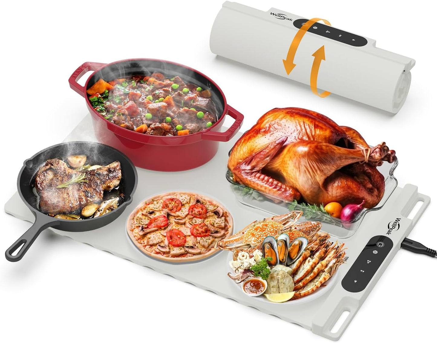 Electric Warming Mat for Food - Full Surface Fast Heating Silicone Tray with 3-Level Temperature, Auto-Off, Raised Feet for Table Protection, Versatile Warmer for Gatherings Parties Buffets, White