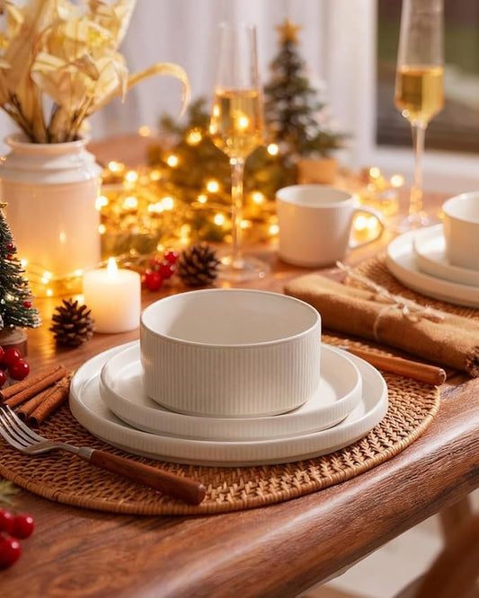 Famiware Star Dinnerware Set with Pasta Bowls, Service for 6 (24 Pieces), Ribbed Stoneware Plates and Double Bowls Sets - Chip & Scratch Resistant, Microwave & Dishwasher Safe Dishes, Matte White