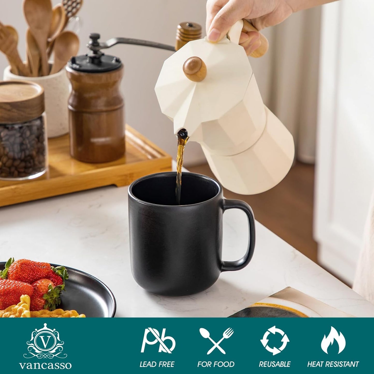 vancasso Stoneware Coffee Mugs Set, 16 oz Ceramic Coffee Cups for Americano Hot Tea Iced Coffee Cold Brew Cocoa Milk Mugs Set of 6, Dishwasher & Microwave Safe, Matte Black