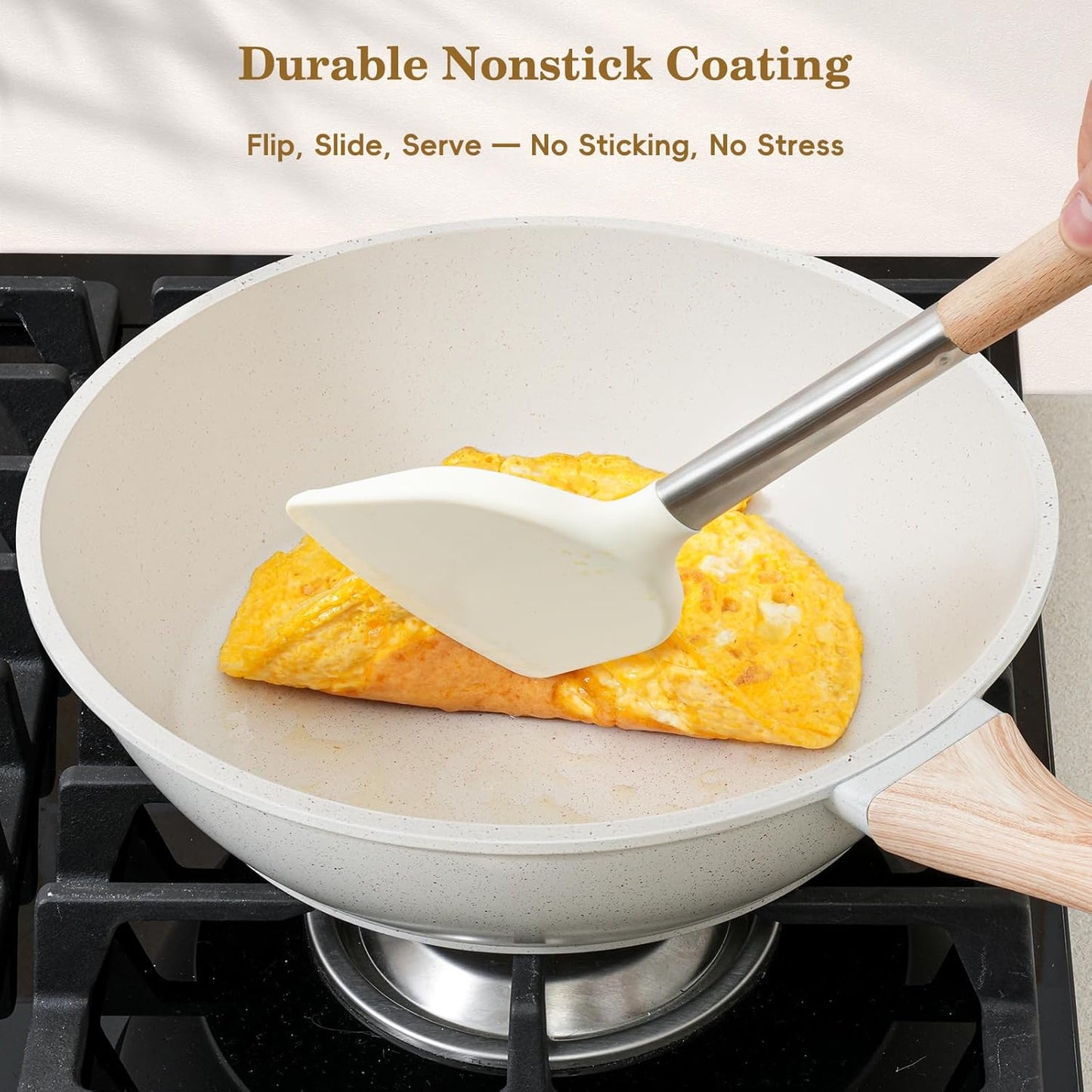 12 Pcs Pots and Pans Set, Nonstick Cookware Sets White Granite Induction Cookware, Non-toxic Healthy Non Stick Kitchen Cooking Set with Frying Pans Set, Saucepans,Steamer (PFAS, PFOA, PFOS Free)