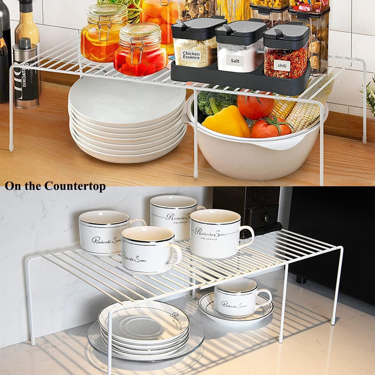 Kitchen Cabinet Organizer and Storage Shelves Expandable Freezer Shelf Organizer Rack with Scratch Resistant Feet for Counter Pantry Dish Spice Cupboards