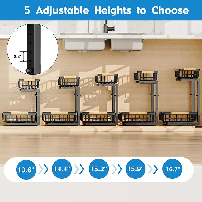 2Pcs Under Sink Organizer, Adjustable Under Sink Organizers and Storage, 2-Tier Pull Out Under Kitchen Sink Organizer, Sliding Out Metal Under Bathroom Sink Organizer for Kitchen Pantry Black