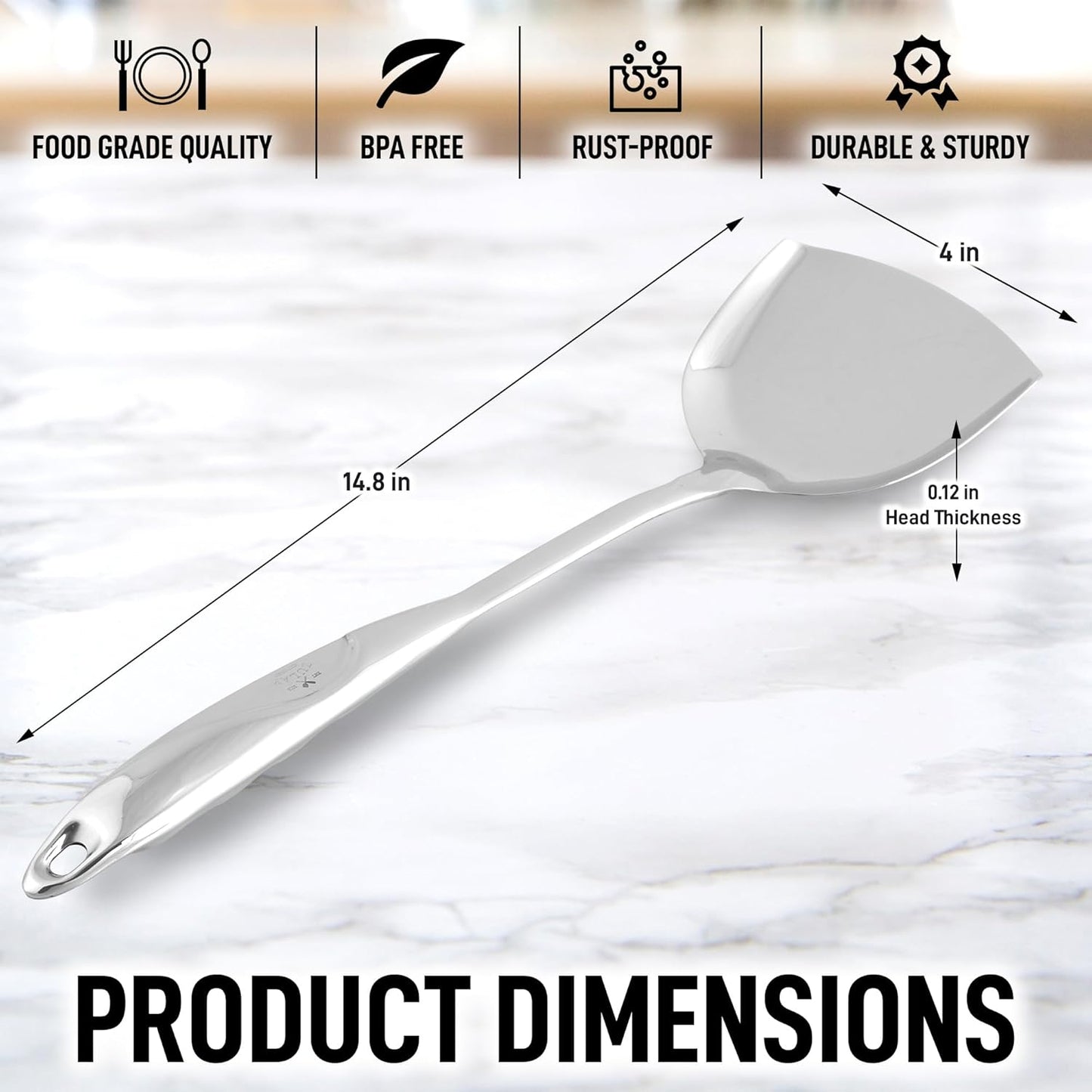 Zulay Kitchen Stainless Steel Wok Spatula - 14.8” Heat-Resistant Metal Turner for Stir-Fry, Sauté & Grilling - Durable, Rust-Proof & Dishwasher Safe Kitchen Utensil for Everyday Use