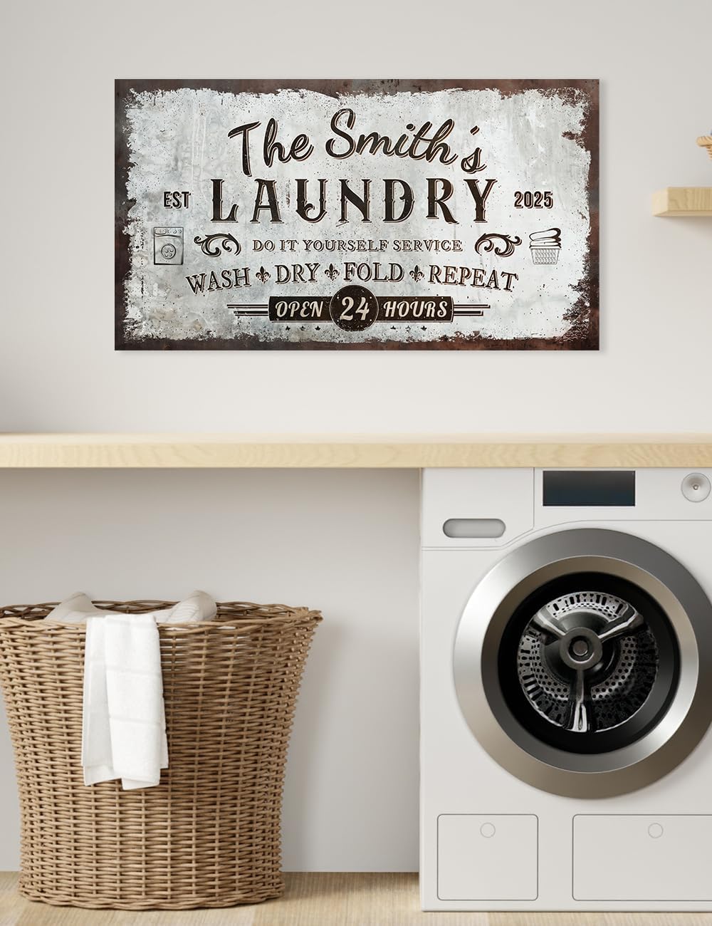 IPIC - Personalized Laundry Room Sign, Custom Large Canvas Wall Art with Family Name, Rustic Farmhouse Wall Decor and Accessories for Business and Home, Wash Dry Fold Repeat