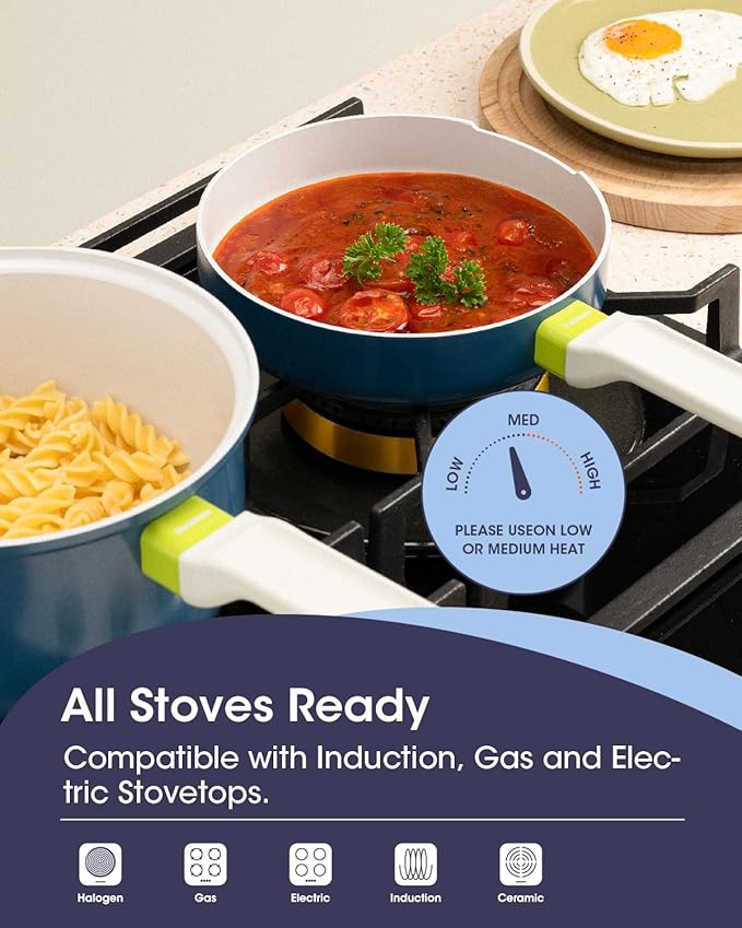Ceramic Non Stick Sauce & Frying Pan Set, 2.5QT Saucepan, 7" Egg Omelette Pan & 18/10 Stainless Steel Steamer, Induction Cookware Set for Quick Meals, PTFE, PFOA & PFAS Free, Light Blue