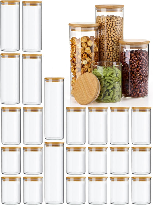 12 Pcs Glass Storage Jars with Wooden Lids, 4 Sizes Food Storage Containers Clear Stackable Canisters Airtight Glass Jars for Candy Cookie, 3.4''x4'', 6'', 7.9'', 9.8''