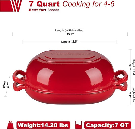 Enameled Cast Iron Sourdough Bread Oven, Dutch Oven, Loaf Cast Iron Bread Pan for Homemade Bread Baking, Meatloaf Pan with Lid, 7QT, Red