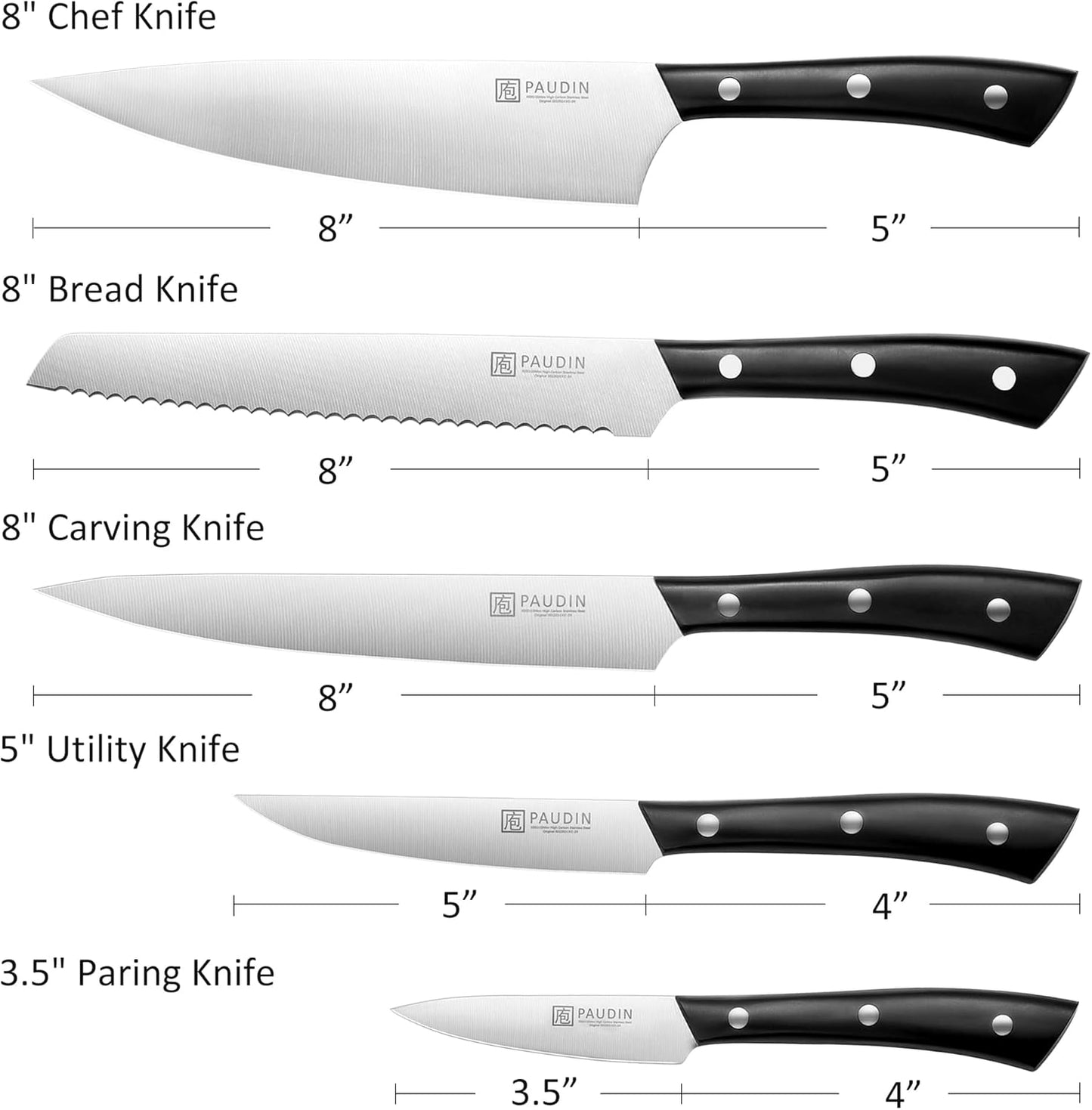 PAUDIN Kitchen Knife Set, 5 Pieces Knives Set for kitchen, Ultra Sharp Kitchen Knives, High Carbon Stainless Steel Knife Set, Precise Cutting with Ergonomic Handle