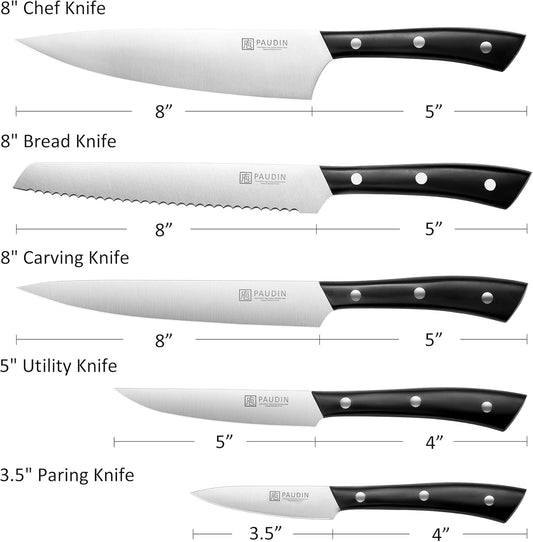 PAUDIN Kitchen Knife Set, 5 Pieces Knives Set for kitchen, Ultra Sharp Kitchen Knives, High Carbon Stainless Steel Knife Set, Precise Cutting with Ergonomic Handle