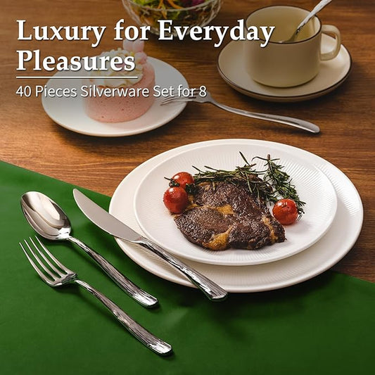 Aisoso 40-Piece High-End Silverware Set with Stone Patterned Handle Mirror Finished Stainless Steel Serving Utensils for 8, Durability and Dishwasher Safe for Home, Restaurant, Weddings