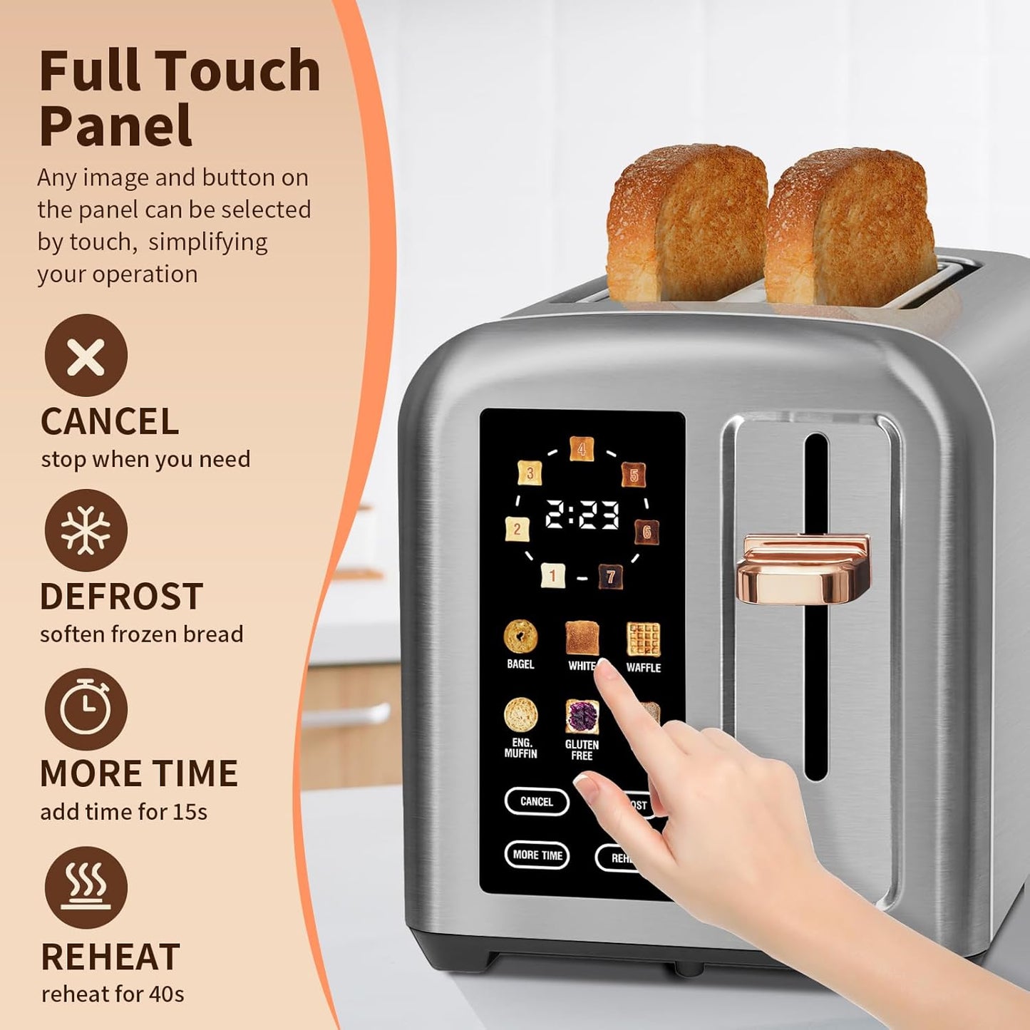 SEEDEEM Toaster 2 Slice, Touch Control Stainless Toaster LCD Display, 50% Faster Heating Speed, 1.4'' Wide Slots, More Timer Functions, Removable Crumb Tray, 1350W, Silver White