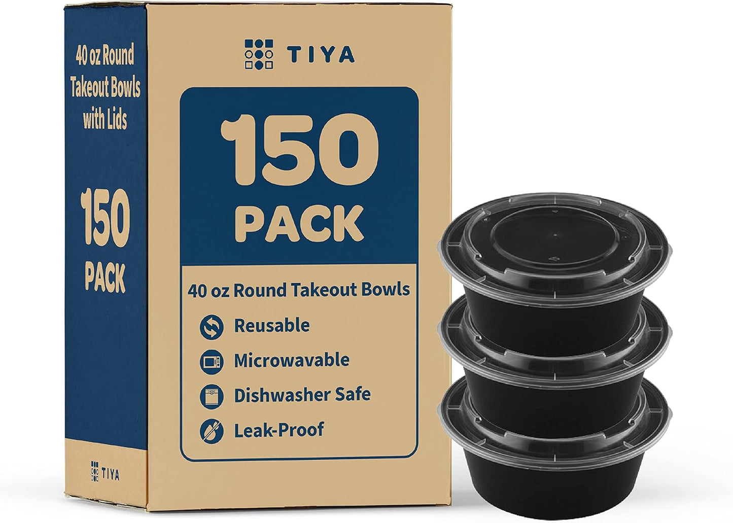 TIYA Food Containers – 40 oz Bulk 150 Pack with Lids – Plastic Food Storage To-Go Round Bowls – Reusable, Microwavable, Dishwasher Safe – Leak-Proof and Great for Meal Prep – BPA-Free