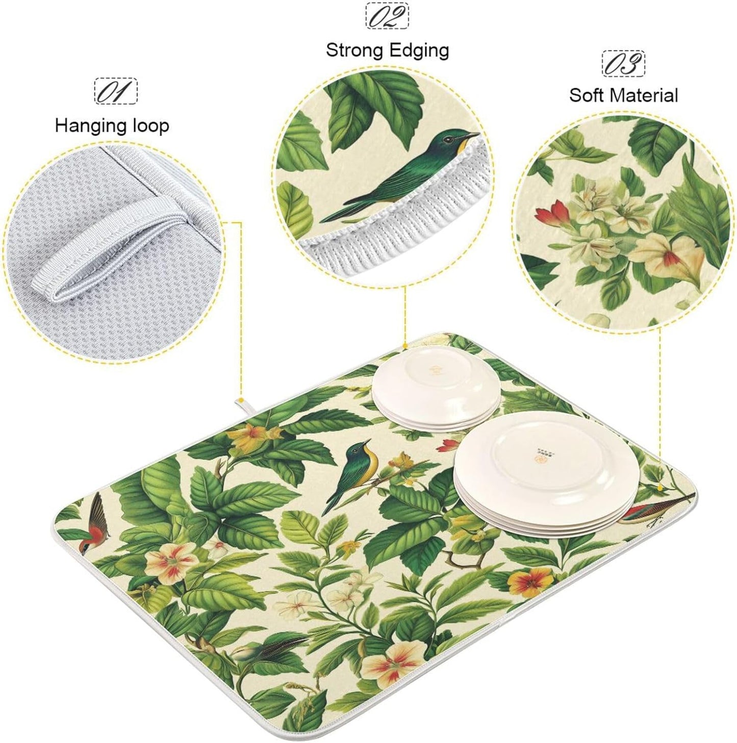 Green Leaf Bird Flower Dish Drying Mat for Kitchen Counter Super Absorbent Dishes Pad Reversible Microfiber Protector Dish Draining Mats 18x24 inch
