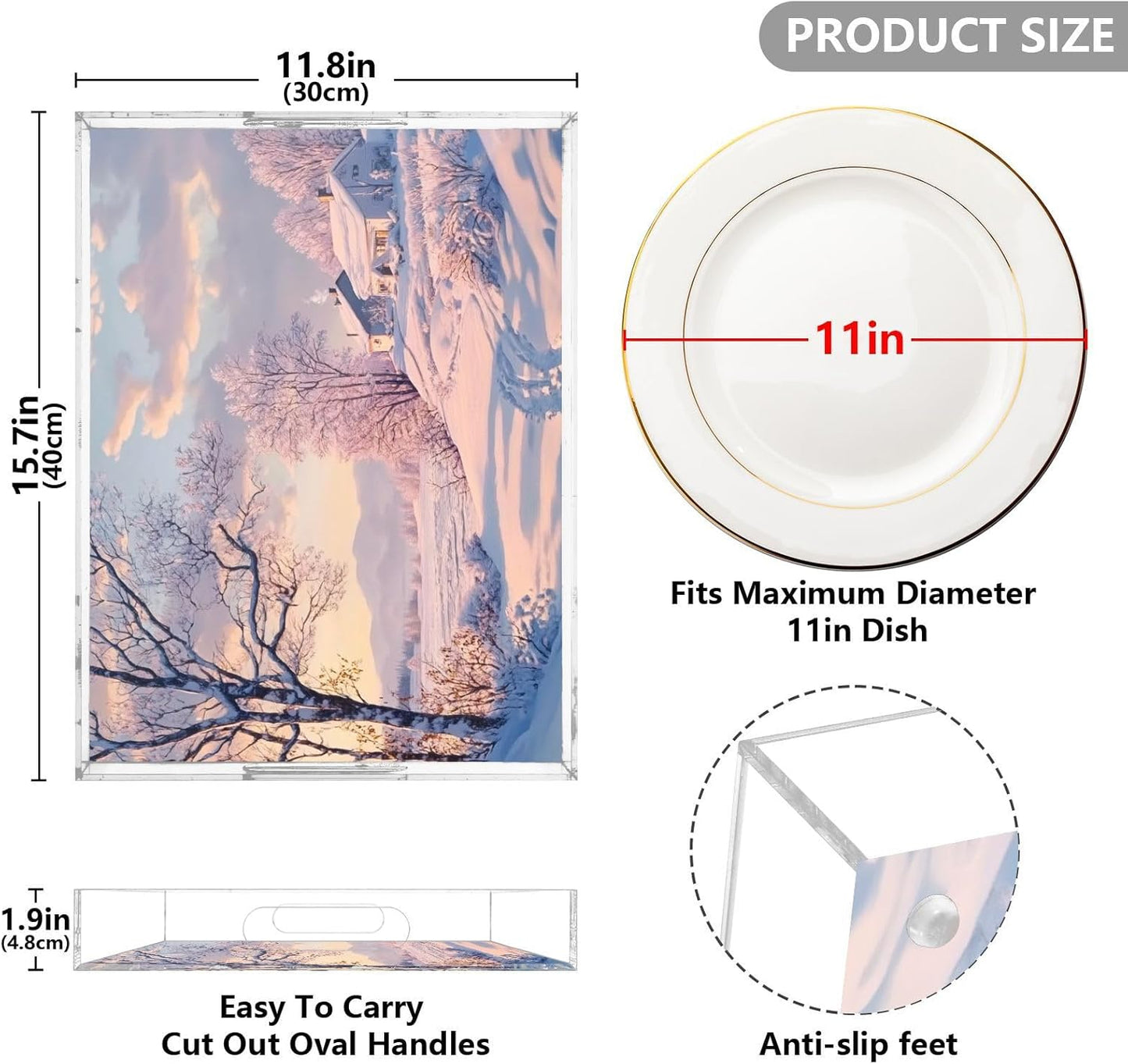 Acrylic Serving Tray with Handles Spill Proof Kitchen Storage Tray Clear Decorative Tray Makeup Drawer Organizer Storage Tray for Bathroom Living Room Ottoman 15.7x11.8Inches