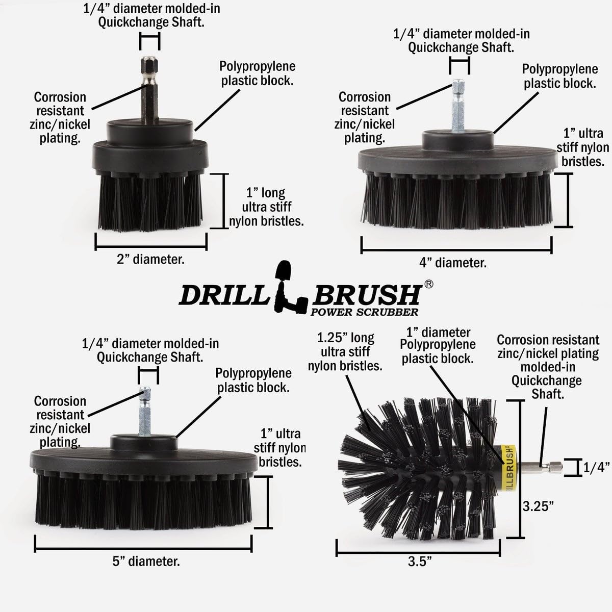 Drillbrush BBQ Grill Cleaning Kit - Safe Nylon Grill Brush | Drill Brush Set - Ultra Stiff Power Scrubber Attachments for Loose Paint, De-Scaling Rust and Graffiti Removal on Stone, Brick and Masonry