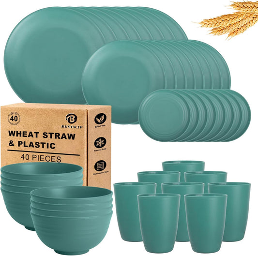 Dinnerware Sets 40 PCS Wheat Straw Plates and Bowls Sets With Cups | Service for 8 | Alternatives to Plastic Dinnerware Set Microwave Safe Dishese Set for RV Outdoor Activities Travel - Green