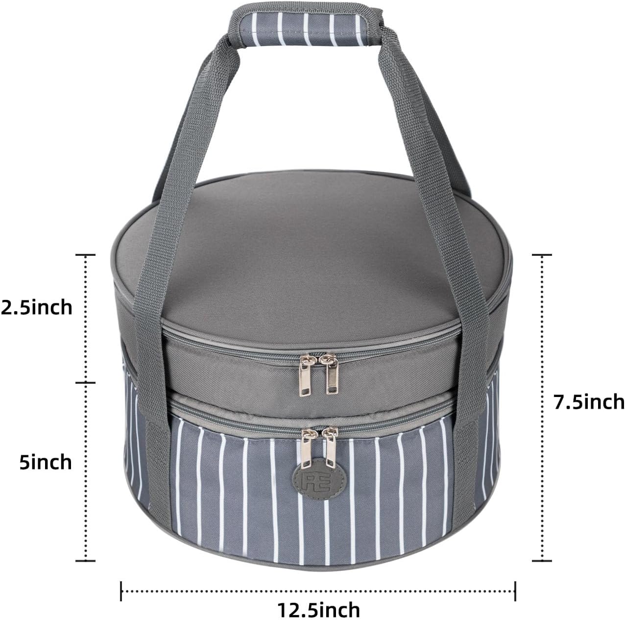 Fun Elements Insulated Casserole Carrier for Hot or Cold Food, 12.5 Inch Pie Carrier with Lid and Handle, Round Food Container for Transport, Grey